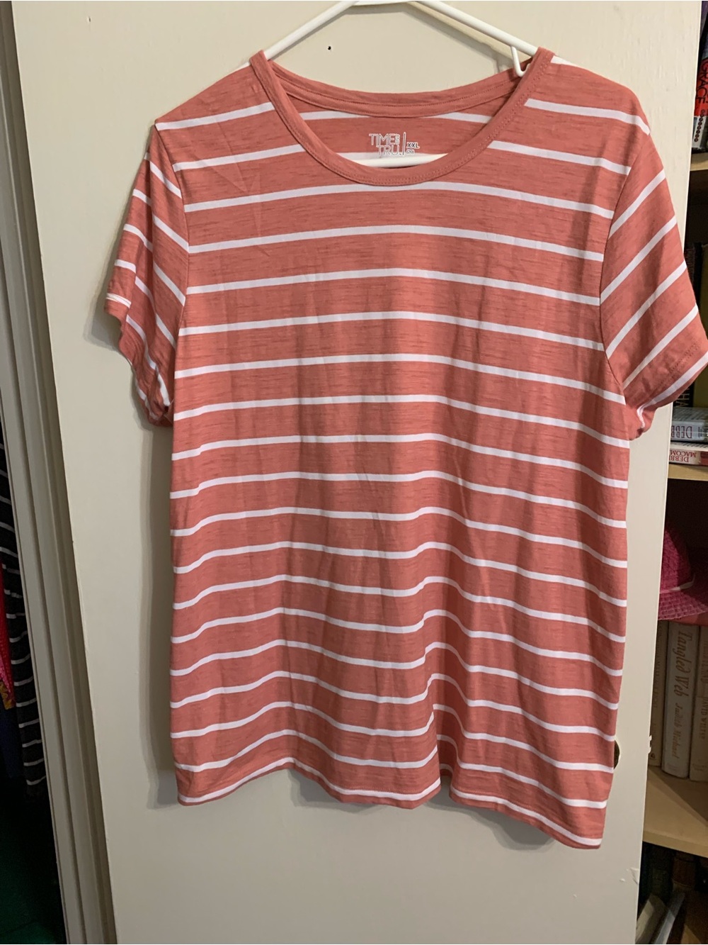 Time and Tru Coral and White Striped Short Sleeve Tee